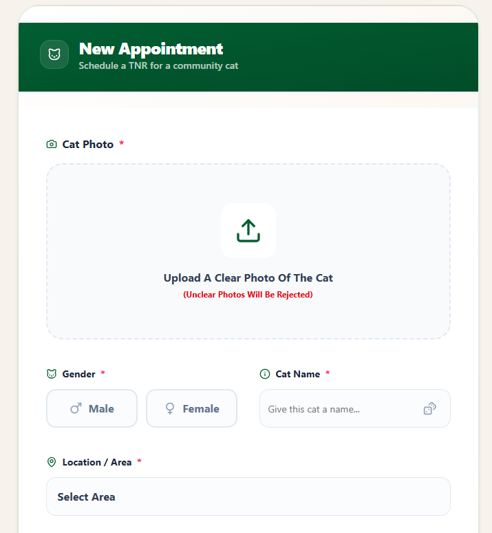 New appointment form for scheduling a TNR for a community cat