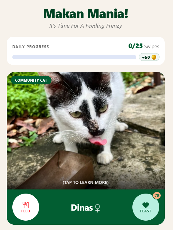 Makan Mania game showing daily swipe progress and feeding a community cat